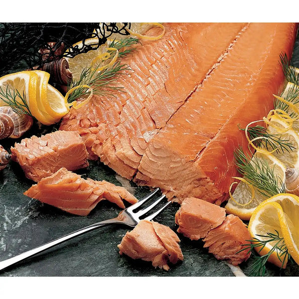 Sockeye Smoked Salmon Retort Wholeside with lemon and dill on serving board